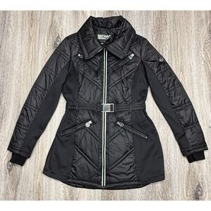 Michael Kors Puffer Coat Womens L Black Mixed Media Chevron Quilted Funnel Neck